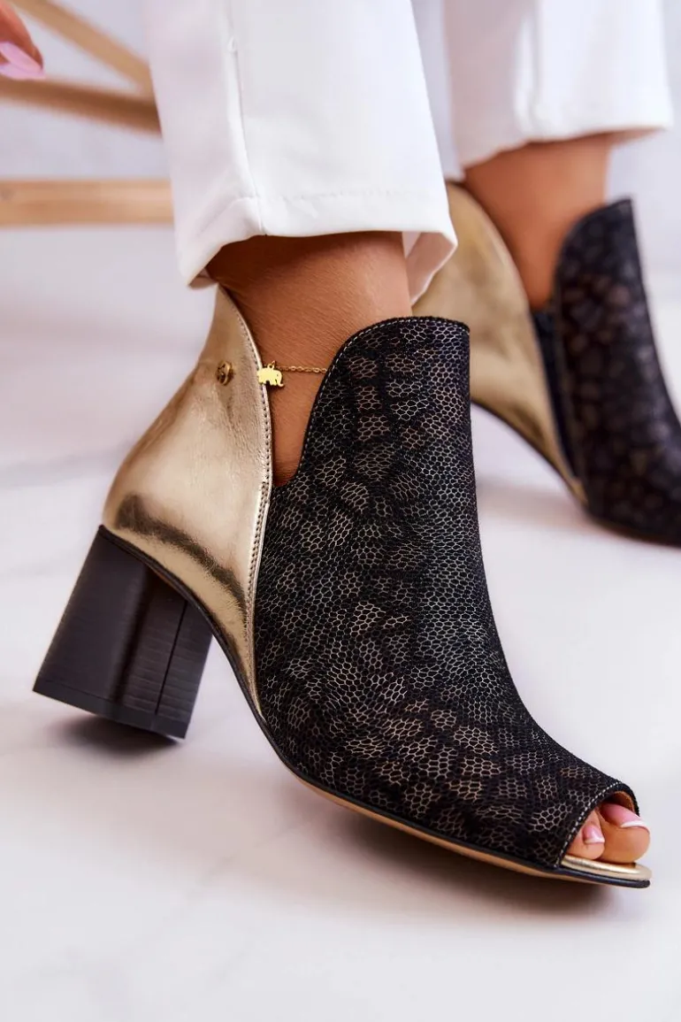 Skórzane Botki Na Słupku Maciejka 05507-01 Czarno-Złote