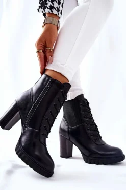 Skórzane Botki Na Słupku Wysokie Czarne Joyte