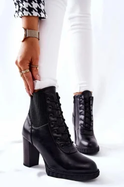 Skórzane Botki Na Słupku Wysokie Czarne Joyte