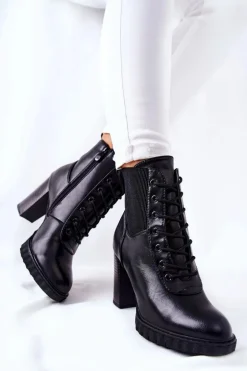 Skórzane Botki Na Słupku Wysokie Czarne Joyte