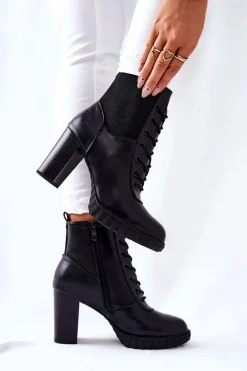 Skórzane Botki Na Słupku Wysokie Czarne Joyte