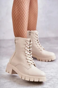 Skórzane Botki Na Suwak Beżowe Tonje