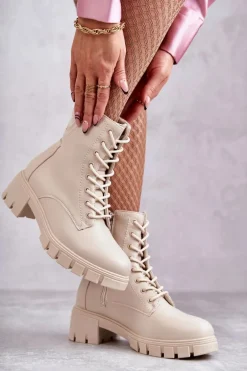 Skórzane Botki Na Suwak Beżowe Tonje