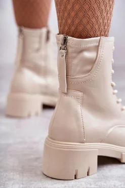 Skórzane Botki Na Suwak Beżowe Tonje