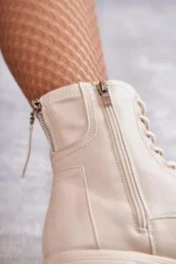 Skórzane Botki Na Suwak Beżowe Tonje