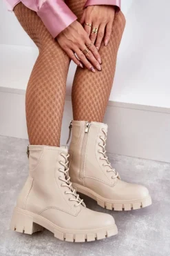 Skórzane Botki Na Suwak Beżowe Tonje