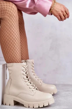 Skórzane Botki Na Suwak Beżowe Tonje