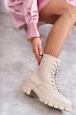 Skórzane Botki Na Suwak Beżowe Tonje