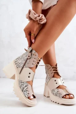 Skórzane Botki Na Suwak Maciejka 05321-04 Beżowe