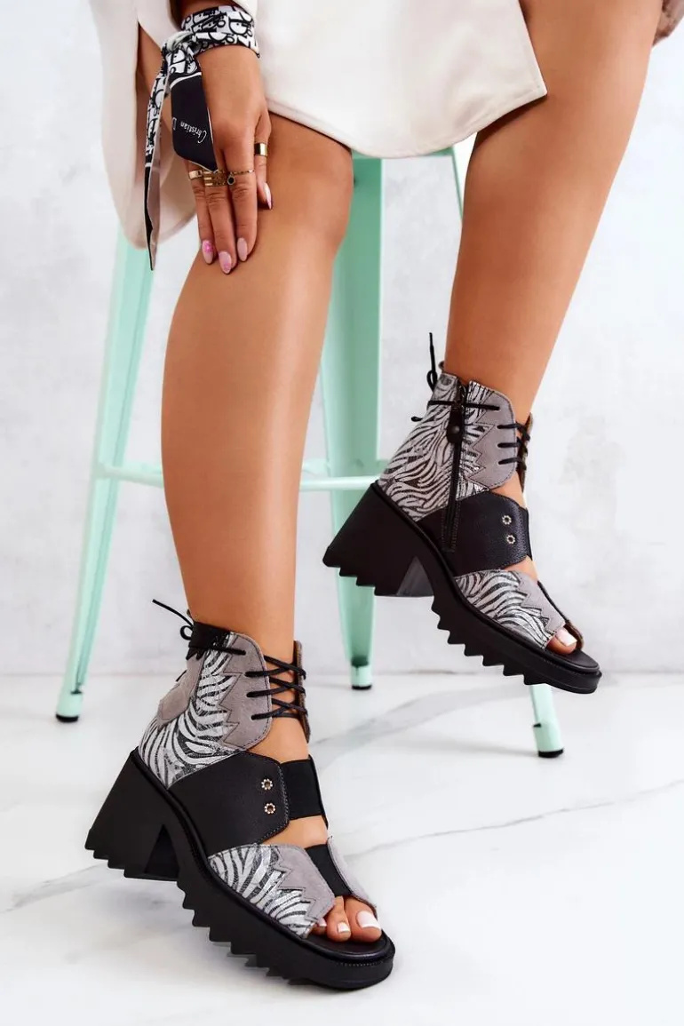 Skórzane Botki Na Suwak Maciejka 05321-03 Szaro-Czarne