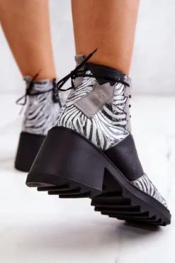 Skórzane Botki Na Suwak Maciejka 05321-03 Szaro-Czarne