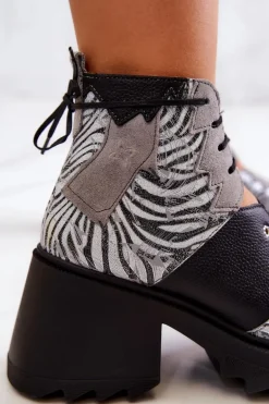 Skórzane Botki Na Suwak Maciejka 05321-03 Szaro-Czarne