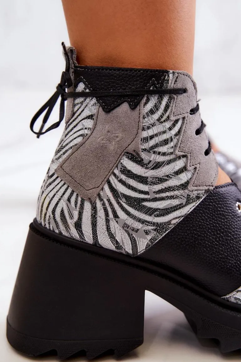 Skórzane Botki Na Suwak Maciejka 05321-03 Szaro-Czarne
