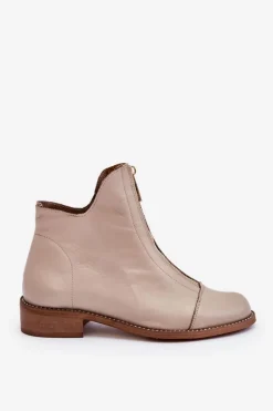 Skórzane Botki Na Suwak Nicole 2785/008 Beżowe
