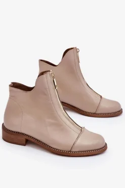 Skórzane Botki Na Suwak Nicole 2785/008 Beżowe