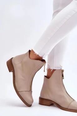 Skórzane Botki Na Suwak Nicole 2785/008 Beżowe