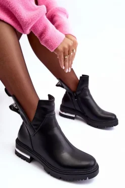 Skórzane Botki Na Suwak Z Wycięciami Czarne Flicha