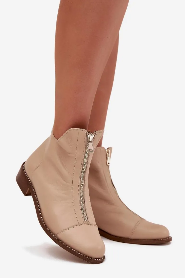 Skórzane Botki Na Suwak Zazoo 2785/079 Beżowe