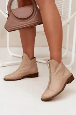 Skórzane Botki Na Suwak Zazoo 2785/079 Beżowe