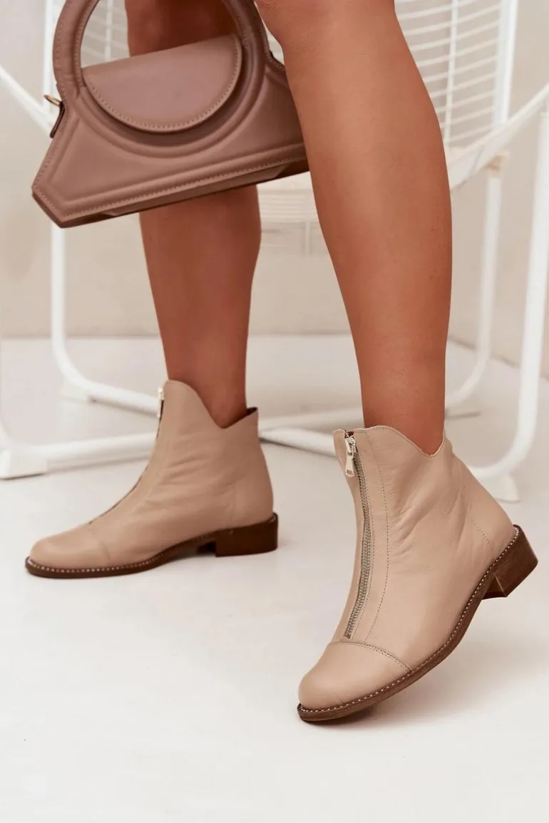 Skórzane Botki Na Suwak Zazoo 2785/079 Beżowe