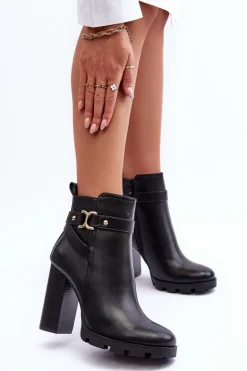 Skórzane Botki Na Wysokim Słupku Czarne Liani