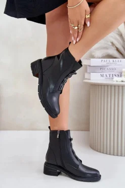 Skórzane Botki Na Zamek Ocieplane Czarne Olidrila