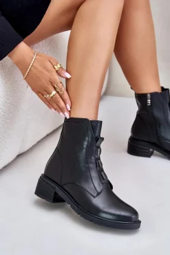 Skórzane Botki Na Zamek Ocieplane Czarne Olidrila