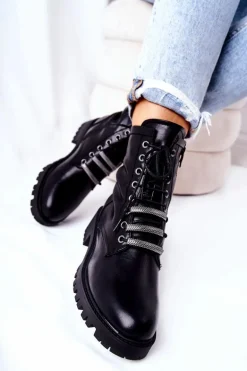 Skórzane Botki Ocieplane Czarne Lilinth