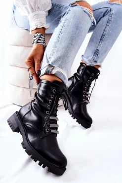 Skórzane Botki Ocieplane Czarne Lilinth