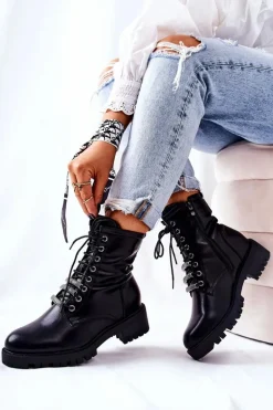 Skórzane Botki Ocieplane Czarne Lilinth