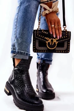 Skórzane Botki Ocieplane Krokodyl Czarne Tanya