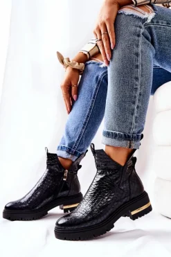 Skórzane Botki Ocieplane Krokodyl Czarne Tanya