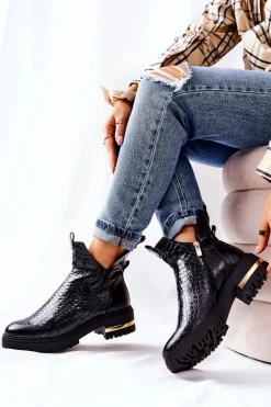 Skórzane Botki Ocieplane Krokodyl Czarne Tanya