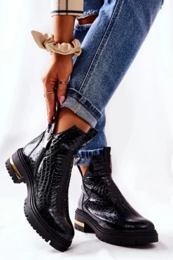 Skórzane Botki Ocieplane Krokodyl Czarne Tanya