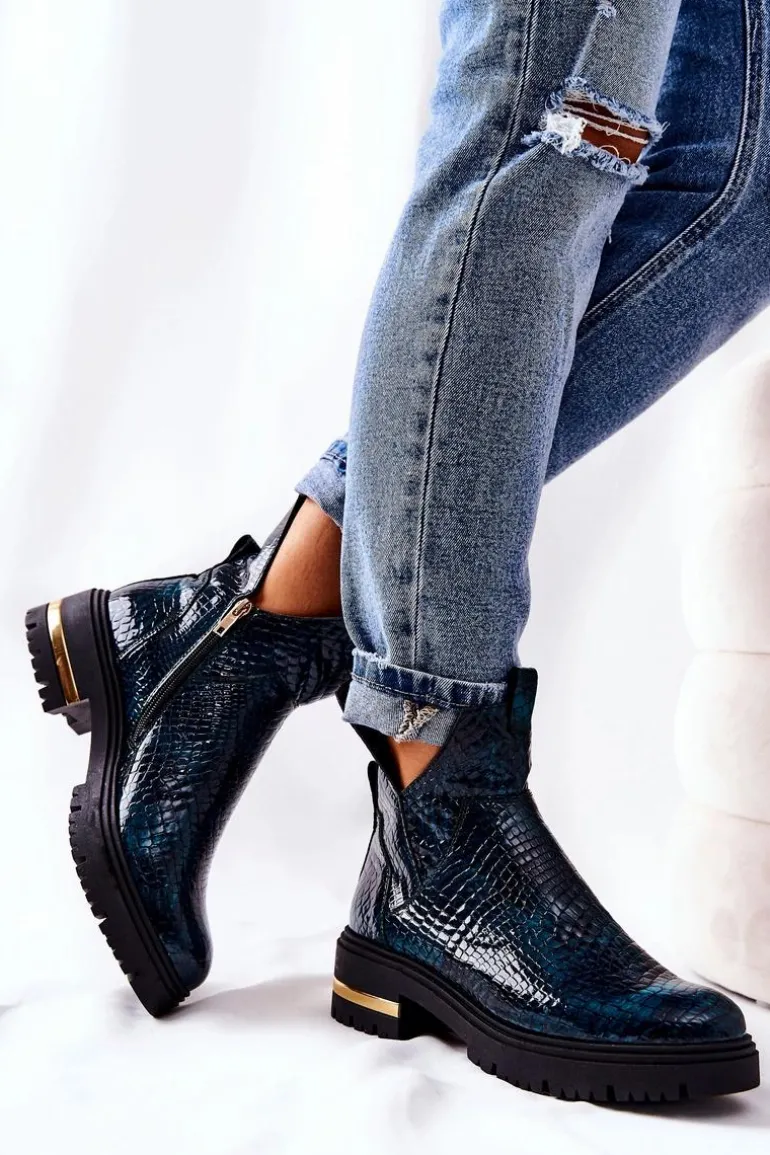 Skórzane Botki Ocieplane Krokodyl Zielone Tanya