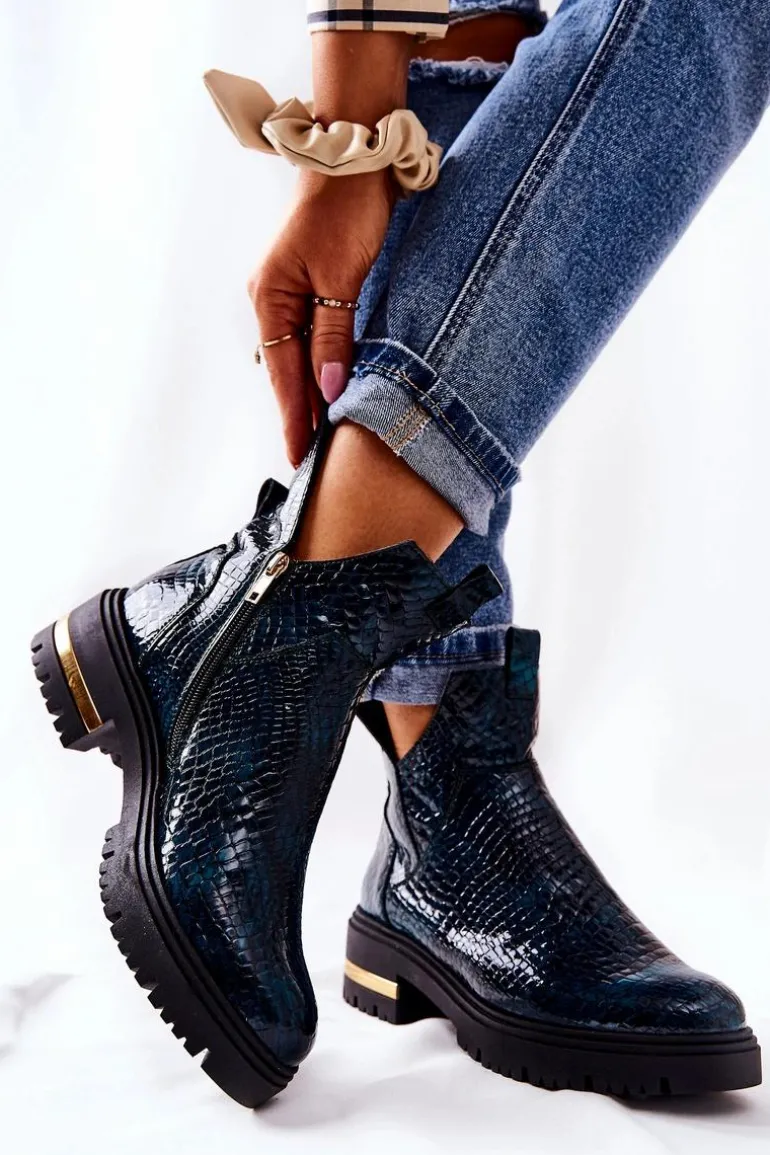 Skórzane Botki Ocieplane Krokodyl Zielone Tanya