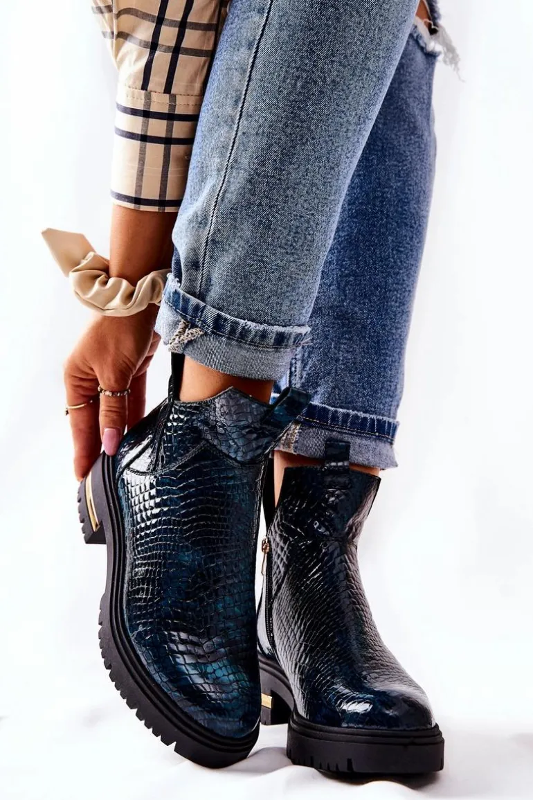 Skórzane Botki Ocieplane Krokodyl Zielone Tanya