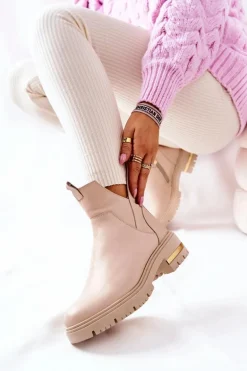 Skórzane Botki Ocieplane Z Wycięciem Beżowe Tanya