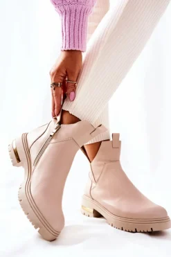 Skórzane Botki Ocieplane Z Wycięciem Beżowe Tanya