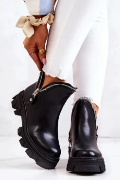 Skórzane Botki Ozdobne Suwaki Czarne Deborah