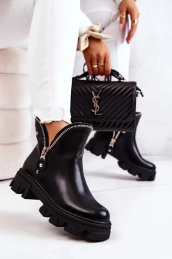 Skórzane Botki Ozdobne Suwaki Czarne Deborah