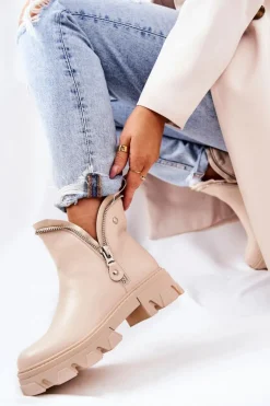 Skórzane Botki Ozdobne Suwaki Beżowe Deborah