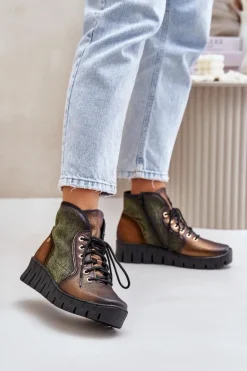 Skórzane Botki Platformie I Koturnie Maciejka 06702-09 Zielono-Złote