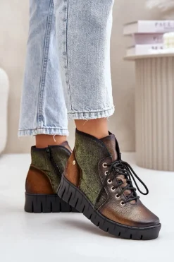 Skórzane Botki Platformie I Koturnie Maciejka 06702-09 Zielono-Złote