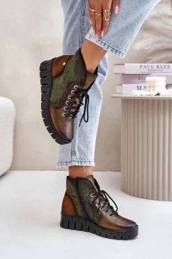 Skórzane Botki Platformie I Koturnie Maciejka 06702-09 Zielono-Złote