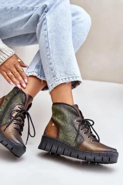 Skórzane Botki Platformie I Koturnie Maciejka 06702-09 Zielono-Złote