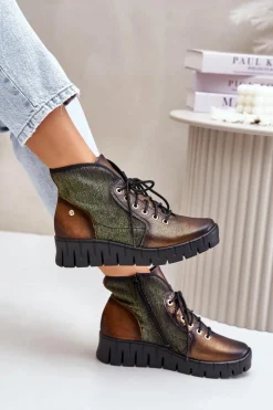 Skórzane Botki Platformie I Koturnie Maciejka 06702-09 Zielono-Złote