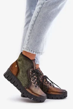 Skórzane Botki Platformie I Koturnie Maciejka 06702-09 Zielono-Złote