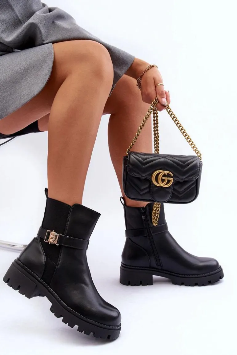 Skórzane Botki Sztyblety Damskie Czarne Elspetia