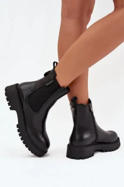 Skórzane Botki Sztyblety Damskie Ocieplane Na Zamek Big Star OO274109 Czarne